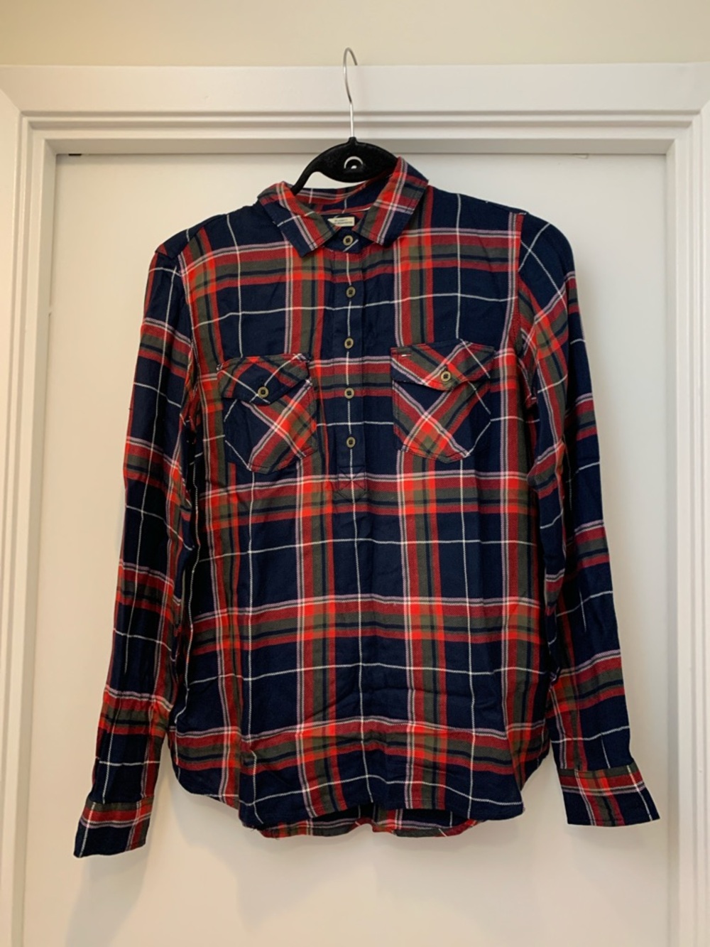 Woman’s Navy and Red Plaid Long-Sleeve Shirt